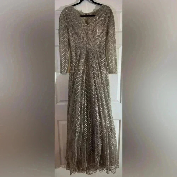 Mac Duggal Embellished Illusion Long Sleeve Wrap Over A Line Gown NWOT #20189 - Picture 3 of 5